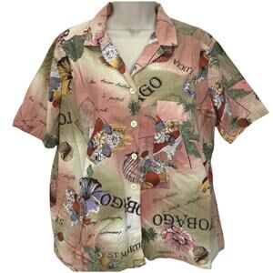 Vintage Lucia Caribbean Island Print Button Shirt Size 16 St Croix Tobago Floral